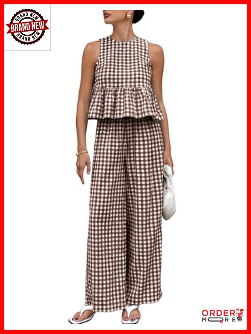 2 Piece Gingham Plaid Tank Top Wide Leg Pants Lounge Set